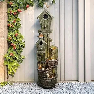 Wishing Well Water Fountain, 39.3 inches Rustic Outdoor Water Fountains - Outdoor Cascading Waterfall with Buckets, Pump & Lights