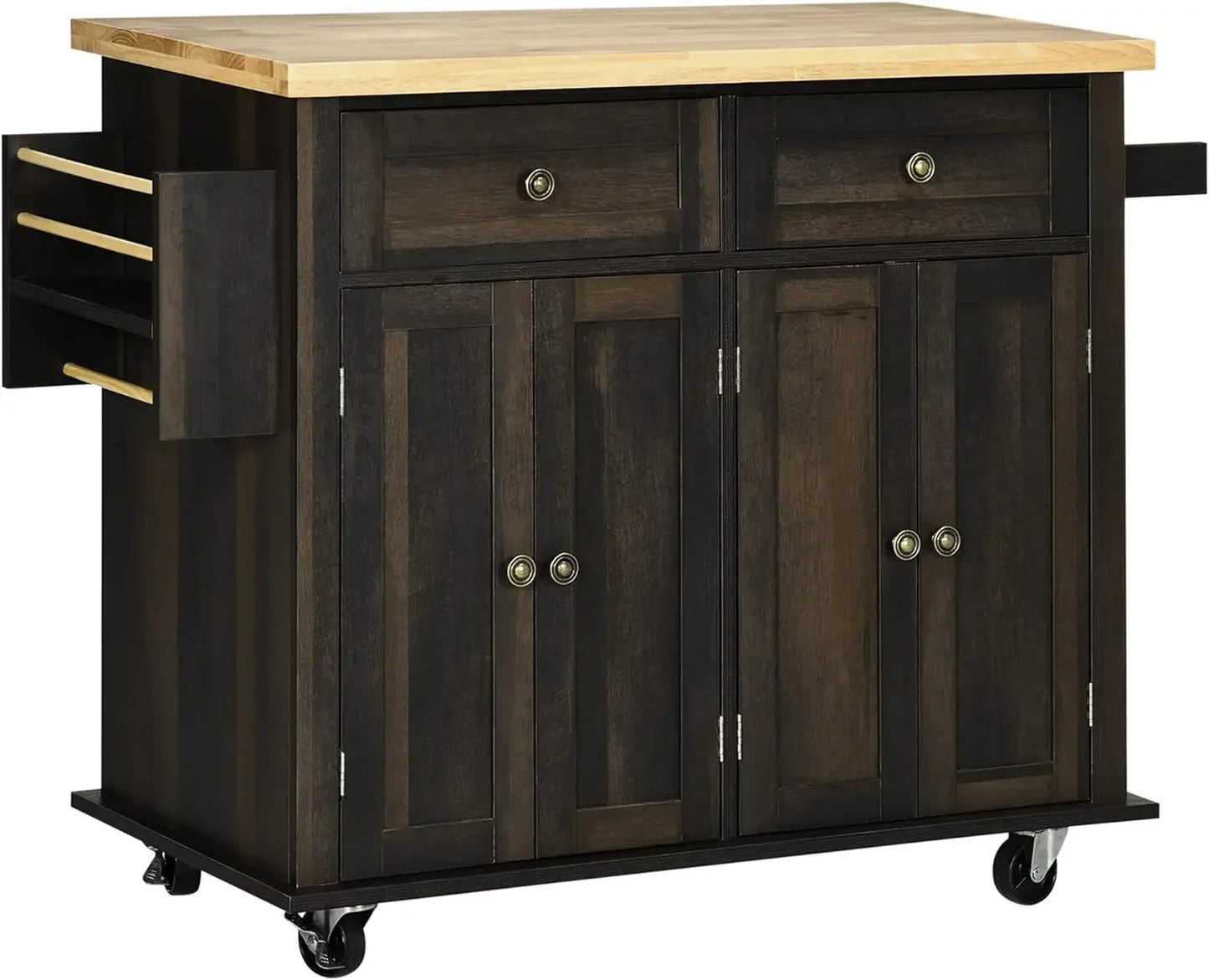 Rolling Kitchen Island with Rubberwood Top, Spice Rack, Towel Rack and Drawers for Dining Room