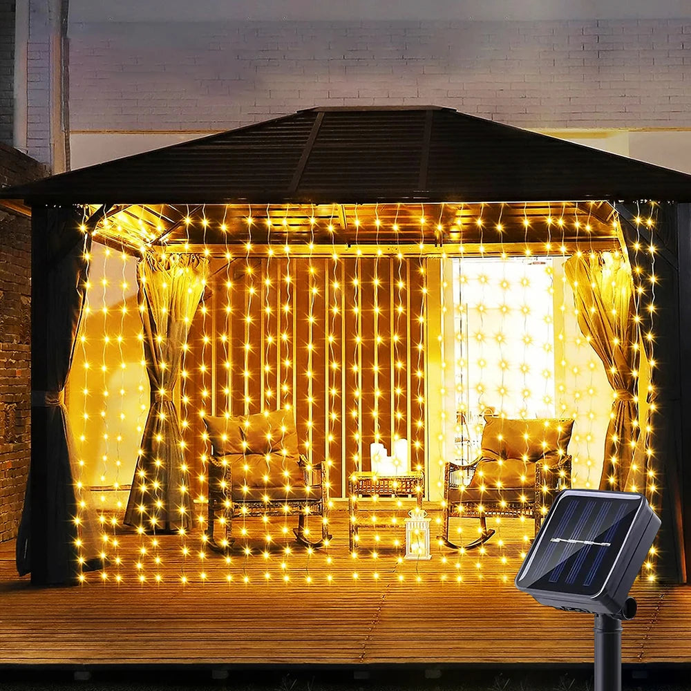 300 LED's Solar Curtain Light, Outdoor Fairy Garland String Lights, 8 Modes