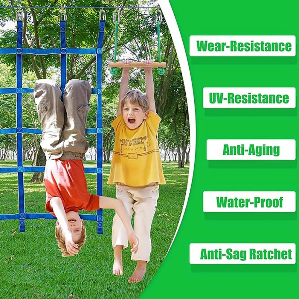 Warrior Obstacle Course For Kids And Adults - 65 FT Slackline With Tree Climbing Rock Holds, Swing Seat, Monkey Bars, Ring Wheel,