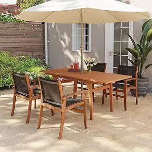 Acacia Wood Patio Dining Set for 6-8, Outdoor Expandable Table and Chairs Set. ***Umbrella and Base Not Included***