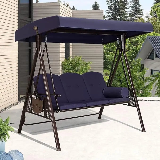 3-Seat Deluxe Outdoor Patio Porch Swing with Weather Resistant Steel Frame, Adjustable Tilt Canopy, Cushions and Pillow Included