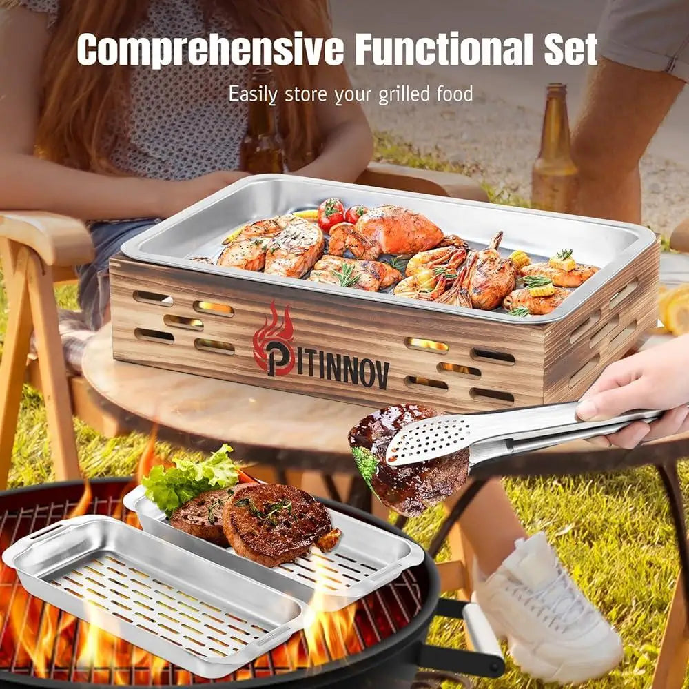 3pcs Stainless Steel Grill Basket Set with BBQ Prep Tray and Wooden Warming Tray