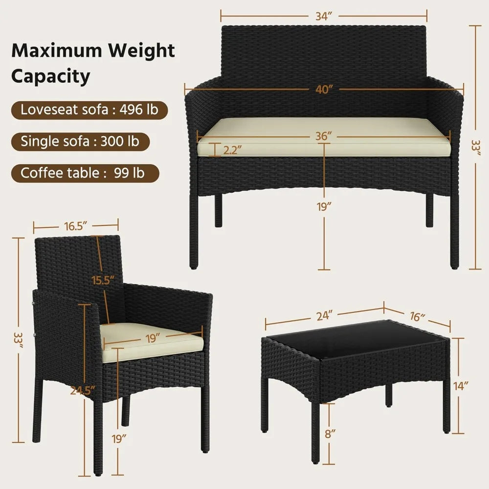 Patio Furniture Set 4 Pieces, Rattan Wicker Chair and Loveseat with Soft Cushions and Glass Table Top