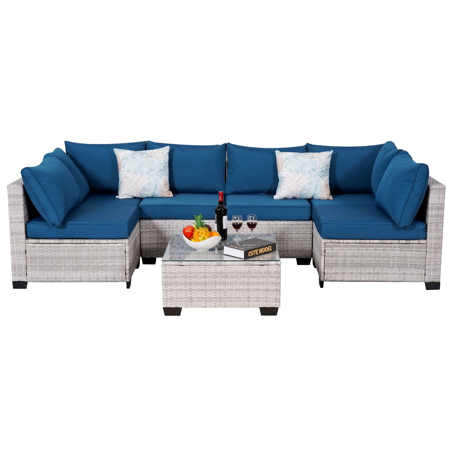 Outdoor Patio Furniture, 7 Piece Sectional Sofa, PE Rattan & Wicker with Thick Cushions