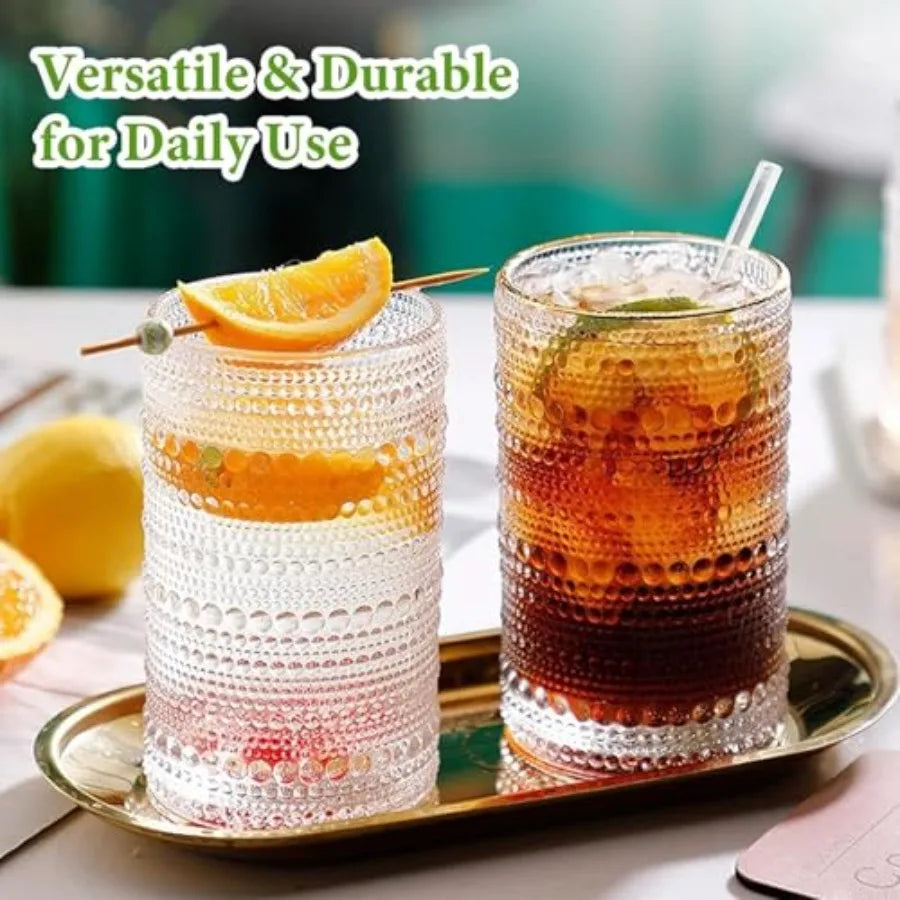 Set of 8 Hobnail Drinking Glasses - 4 Vintage 12 oz Highball, and 4 10 oz Cocktail Glasses for Kitchen, Bar, Beer, Juice, Cocktails