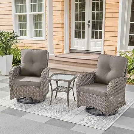 Set of 2 Patio Wicker Swivel Rockers with Rattan Side Table with Glass