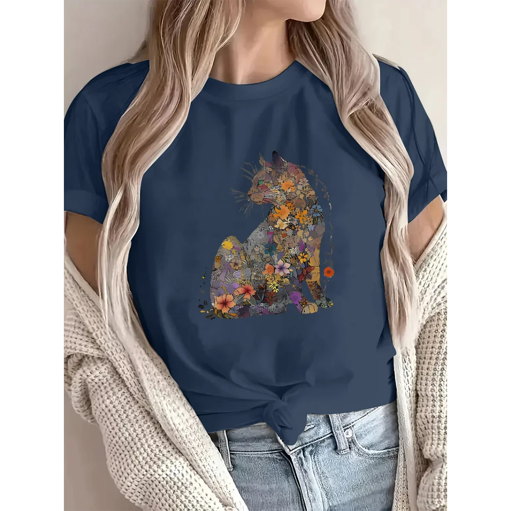 Flowers & Cats Women's Loose Cotton Short Sleeve T-Shirt