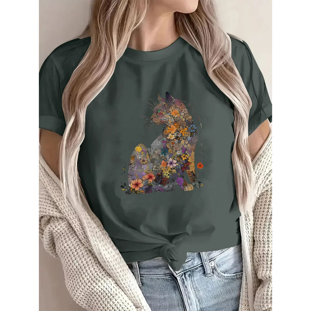 Flowers & Cats Women's Loose Cotton Short Sleeve T-Shirt