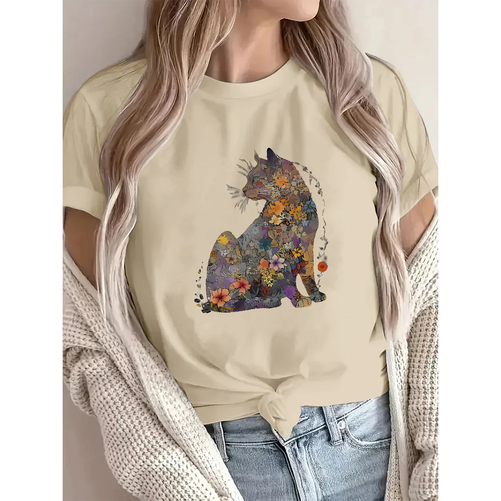 Flowers & Cats Women's Loose Cotton Short Sleeve T-Shirt