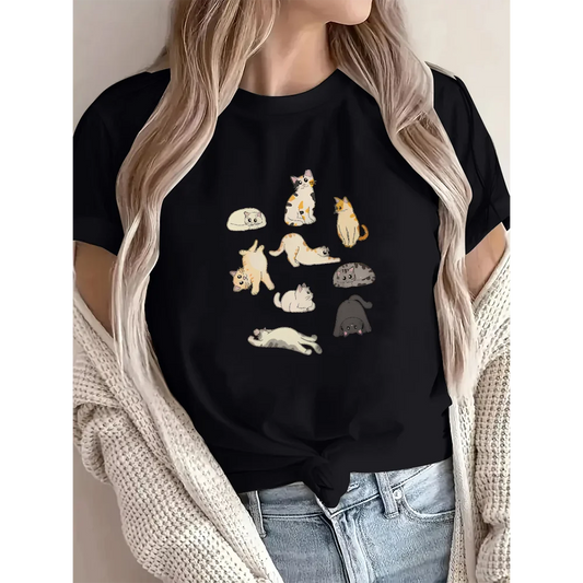 Cat Pattern T-Shirt Women's Summer Casual O-Neck Short Sleeve Tops