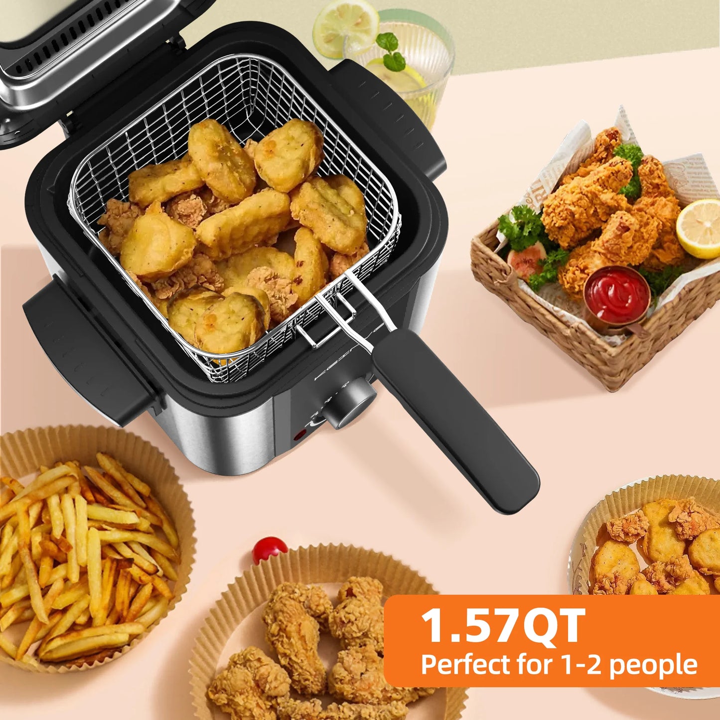 Electric Deep Fryer, 1.5 L/1.6 QT with Basket for Home Use, Cool Touch Sides Easy to Clean, Nonstick Basket