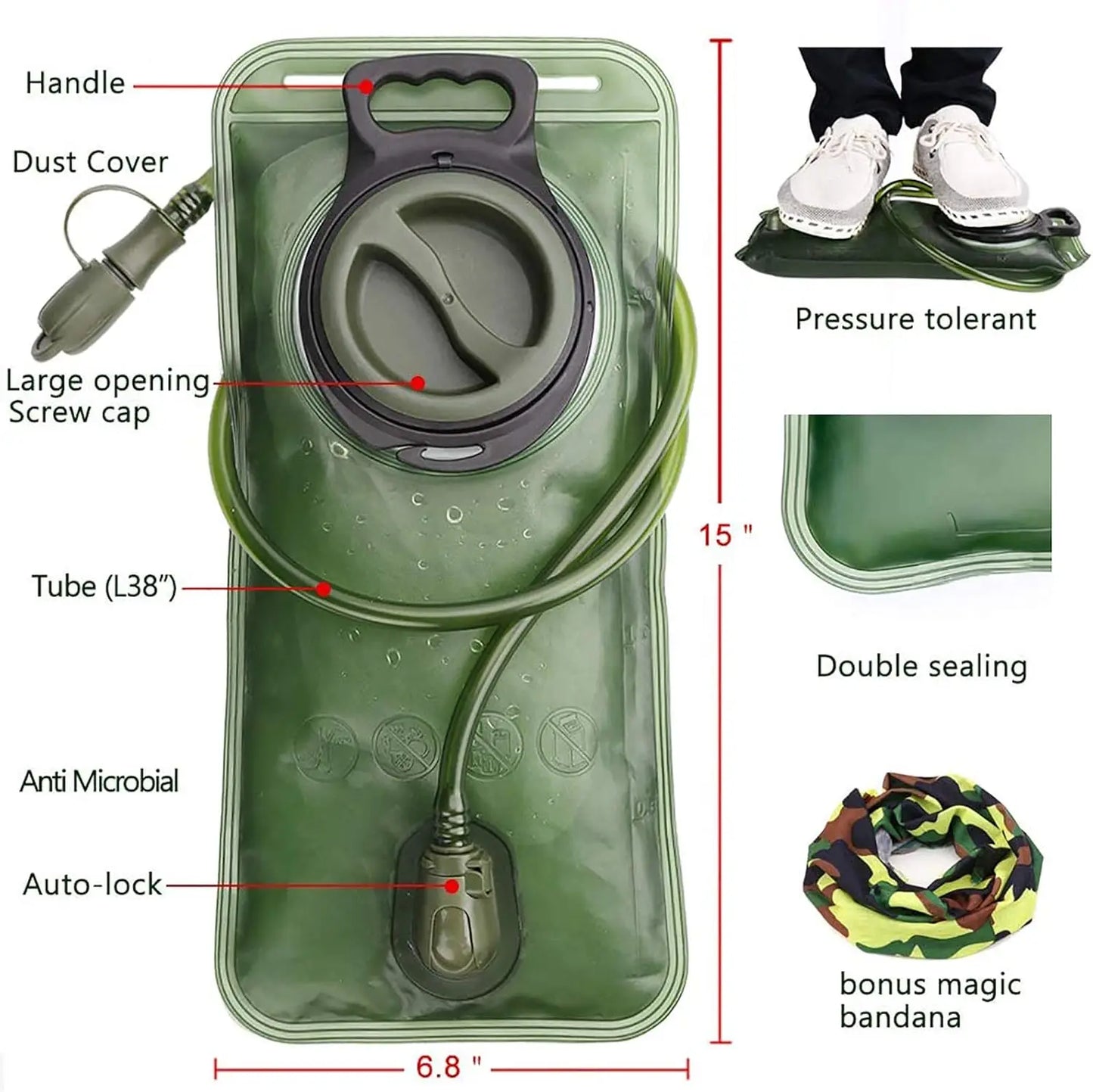 Hydration Water Bladder for Hiking Backpack, Leak Proof Water Reservoir Storage Bag, Military Green, 2 Liter