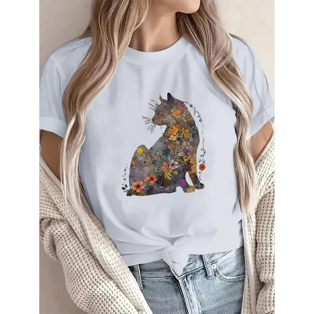 Flowers & Cats Women's Loose Cotton Short Sleeve T-Shirt