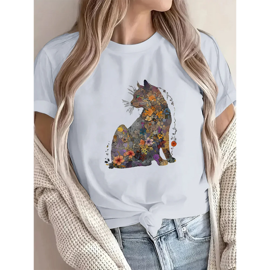 Flowers & Cats Women's Loose Cotton Short Sleeve T-Shirt