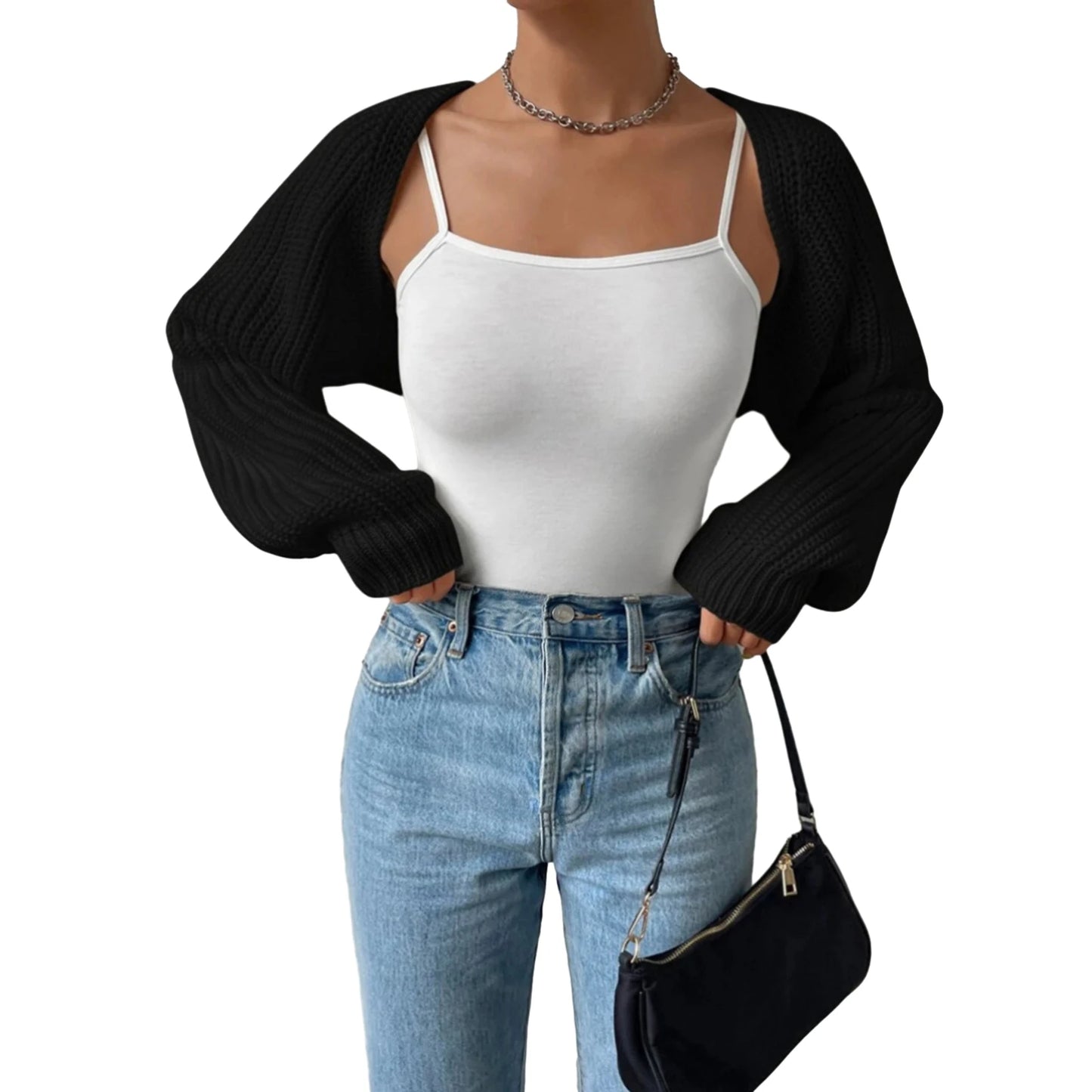 Women's Open Front Cropped Cardigan, Long Sleeve, Solid Color, Ribbed Knit Shrug Sweater Bolero Tops