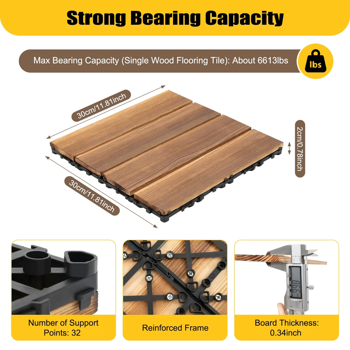 Hardwood Interlocking Patio Deck Tiles, 12''x12'' 36 Pcs