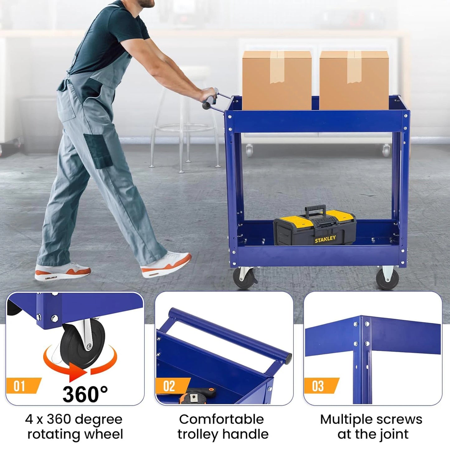 2 Tier Heavy Duty Metal Rolling Tool Cart, 330 Lbs Capacity