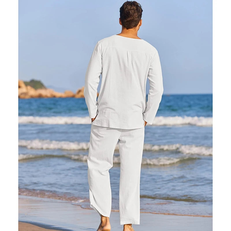 Men s Summer Cotton Linen Henley Shirt, Solid Color, Long Sleeve, Elastic Waist Drawstring Pants 2 Pieces Loungewear Set