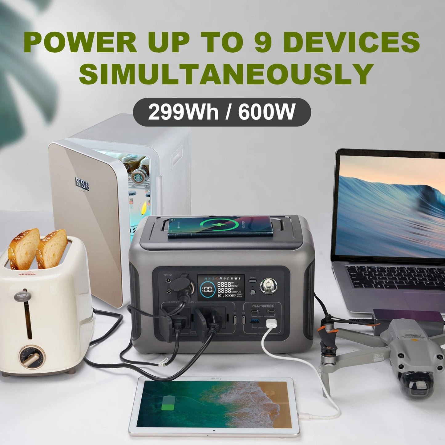 Portable Power Station R600, 299Wh LiFeP04 Battery with 2x 600W (1200W Surge) AC Outlets for Outdoor Camping, RV, Home