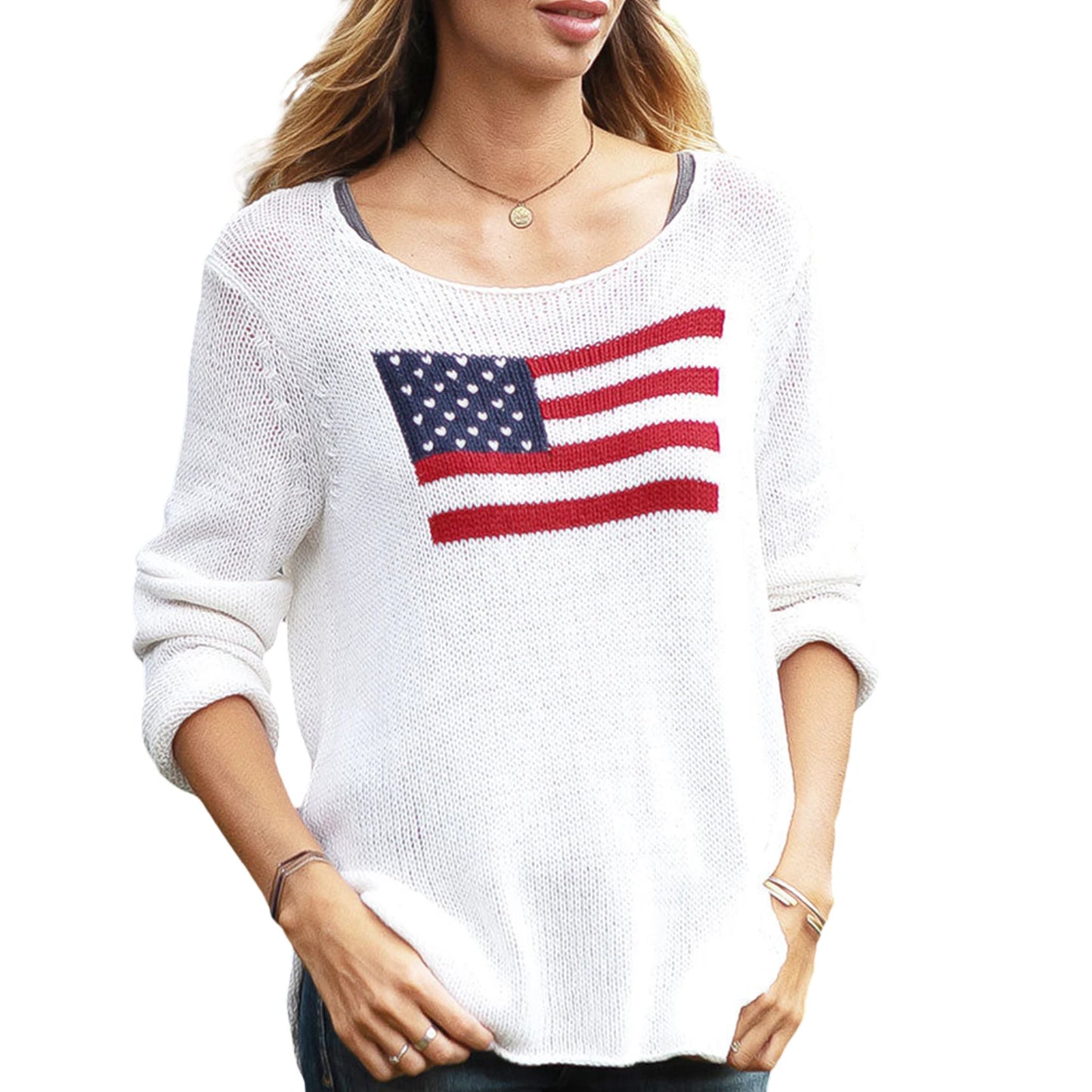 Women's Long Sleeve Knit Sweater, Crewneck, Flag Print, Loose Fitting Knitwear