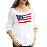Load image into Gallery viewer, Women's Long Sleeve Knit Sweater, Crewneck, Flag Print, Loose Fitting Knitwear