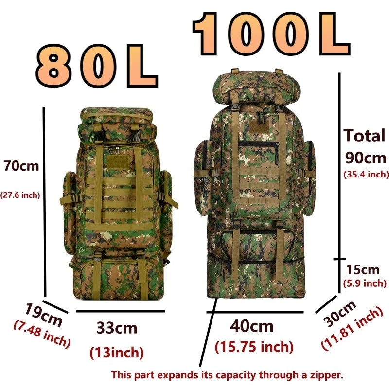 80L/100L Large Mountaineering Tactical Backpack, Hiking, Camping, Travel