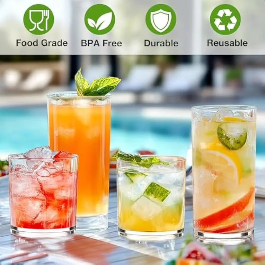 Unbreakable Plastic Drinking Glasses, Set of 8 - 14 oz Rocks and 20 oz Water Cups