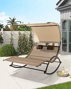 Outdoor Double Rocking  Chaise Lounge Chair with Sun Shade & Wheels