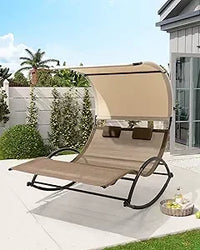 Load image into Gallery viewer, Outdoor Double Rocking  Chaise Lounge Chair with Sun Shade &amp; Wheels