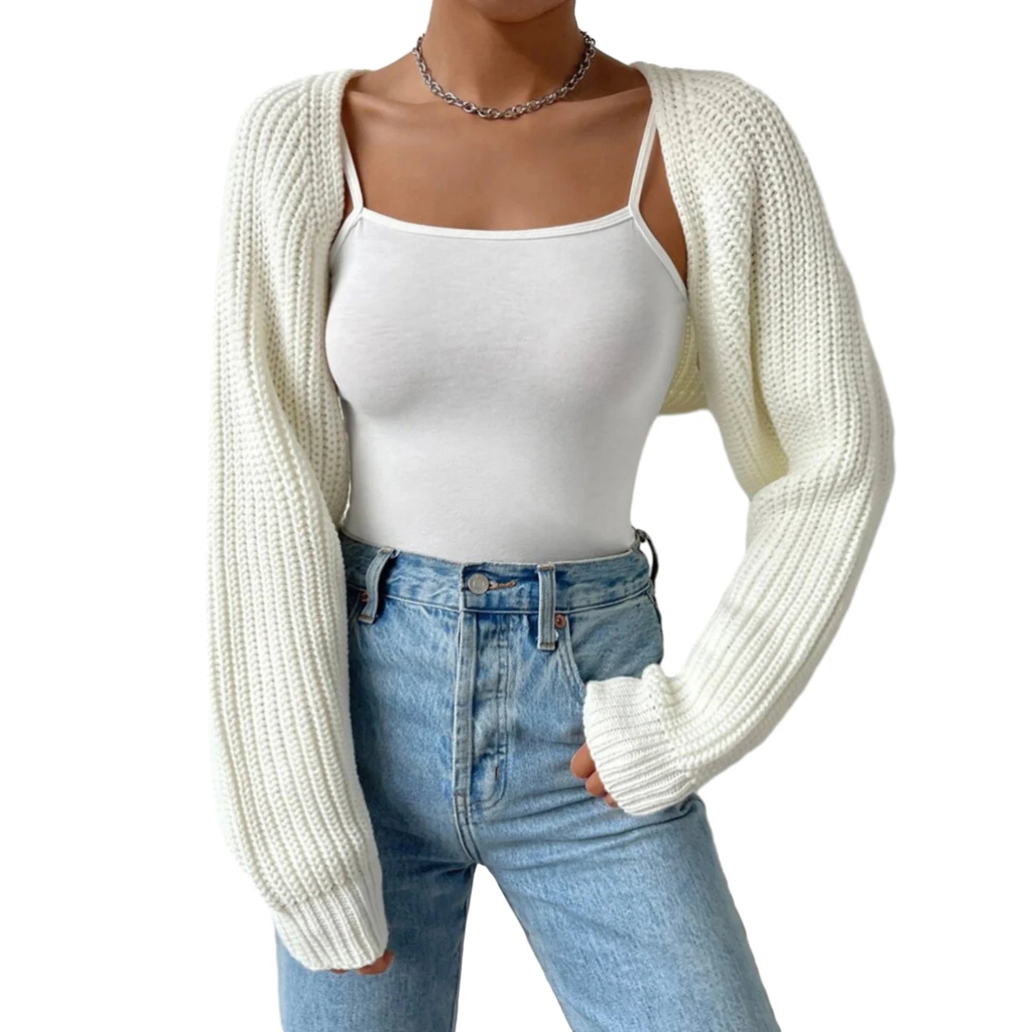 Women's Open Front Cropped Cardigan, Long Sleeve, Solid Color, Ribbed Knit Shrug Sweater Bolero Tops