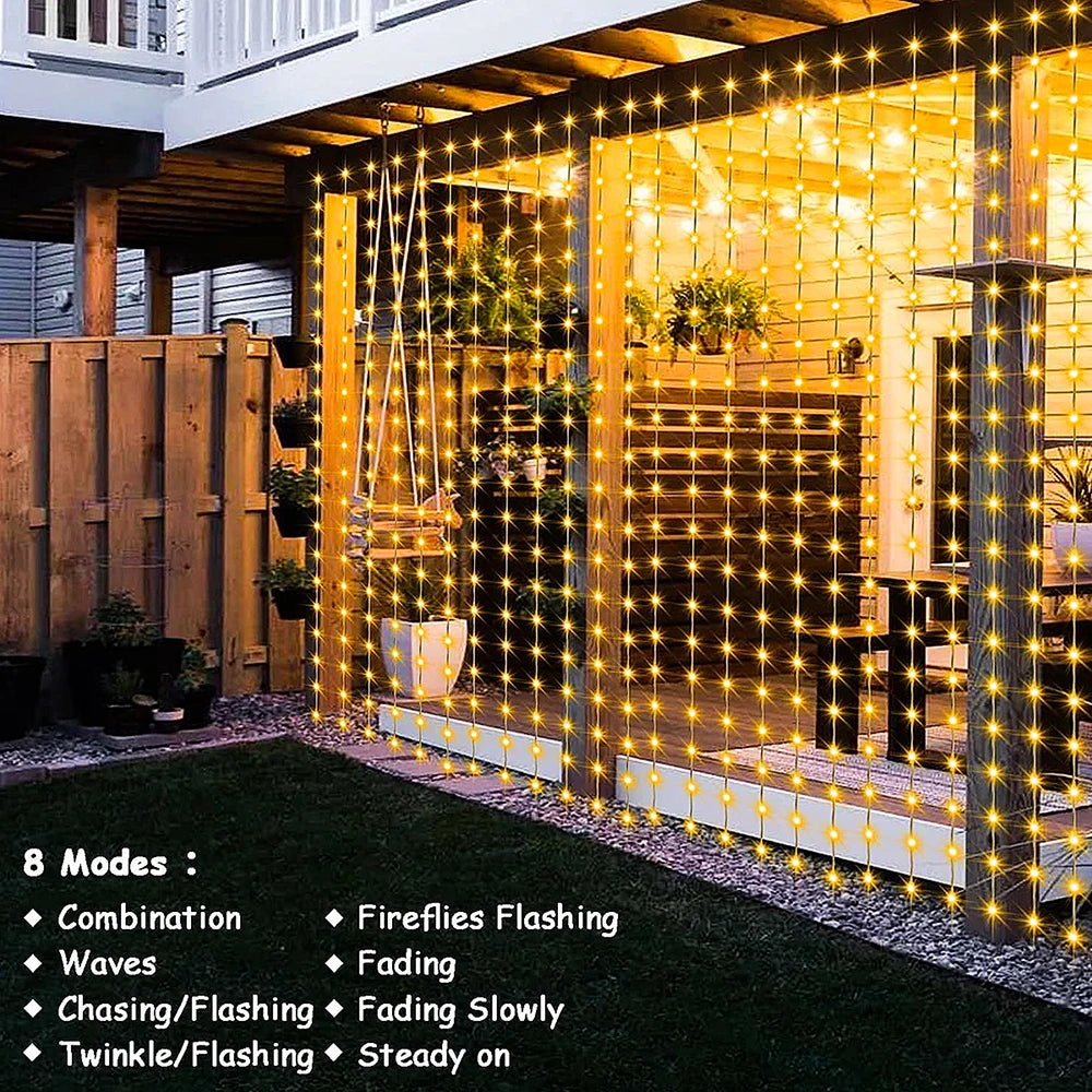 300 LED's Solar Curtain Light, Outdoor Fairy Garland String Lights, 8 Modes