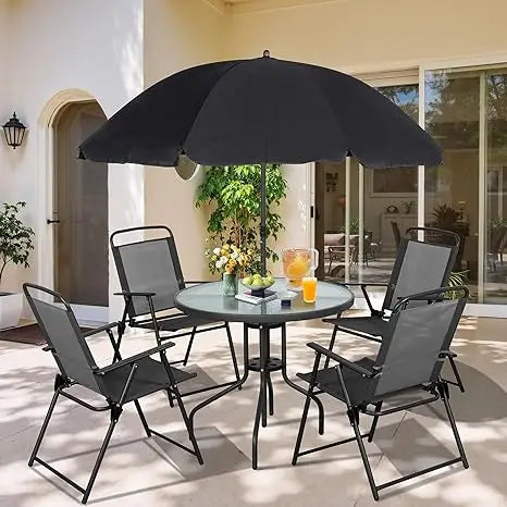 6 Piece Patio Dining Set, Small Metal Outdoor Garden Patio Table and Chair Set w/Umbrella