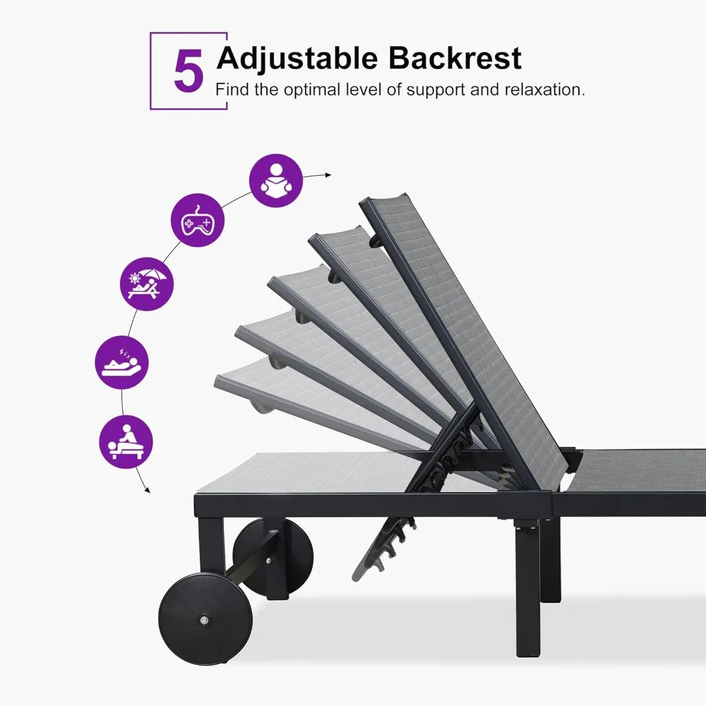 Chaise Lounge Chairs Set, Adjustable Recliner Chair with Wheels and Table