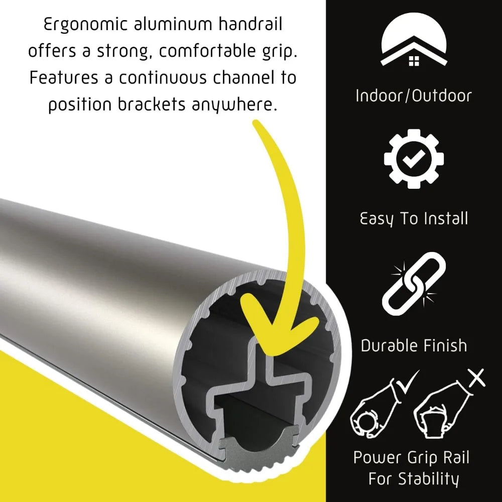 9ft ADA Handrail Kit - Complete Indoor/Outdoor Handrail for Stairs - 1.6" Round Anodized Aluminum Railing