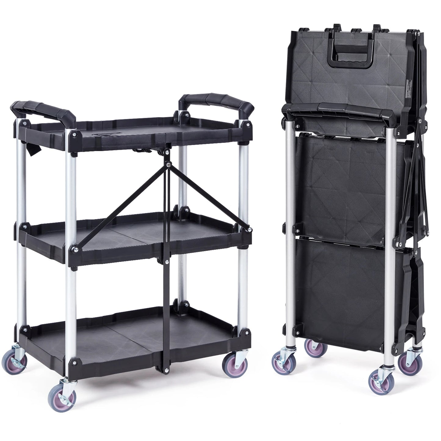 3 Tier Heavy Duty Folding Rolling Utility Cart, 165 lb Capacity