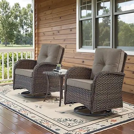Set of 2  Patio Wicker Swivel Rockers with Rattan Side Table with Glass