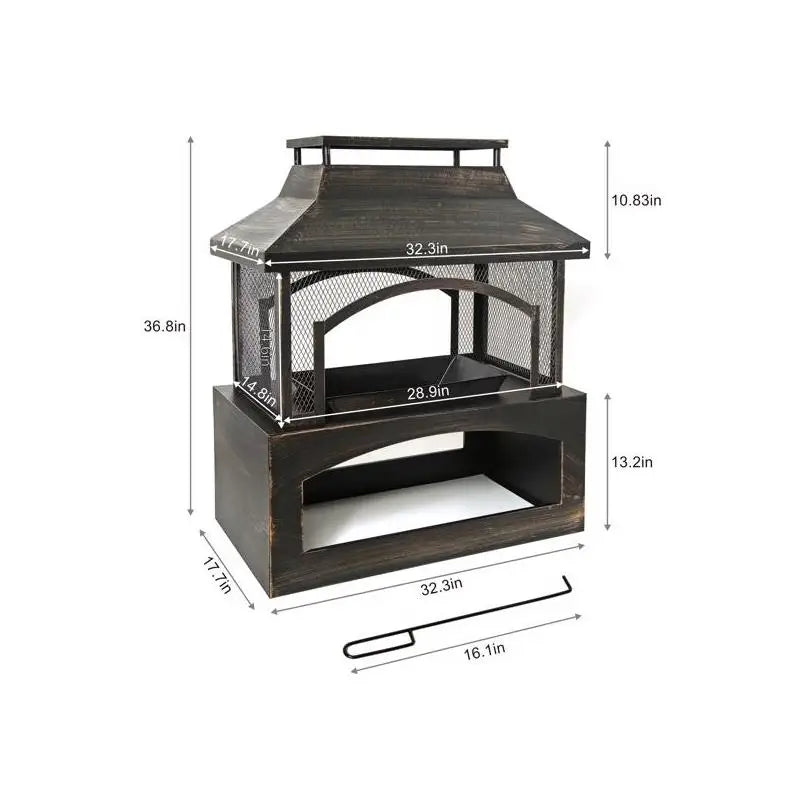 Rectangular Outdoor Wood Burning Fireplace with Built-in Log Storage and Poker - Brushed Bronze