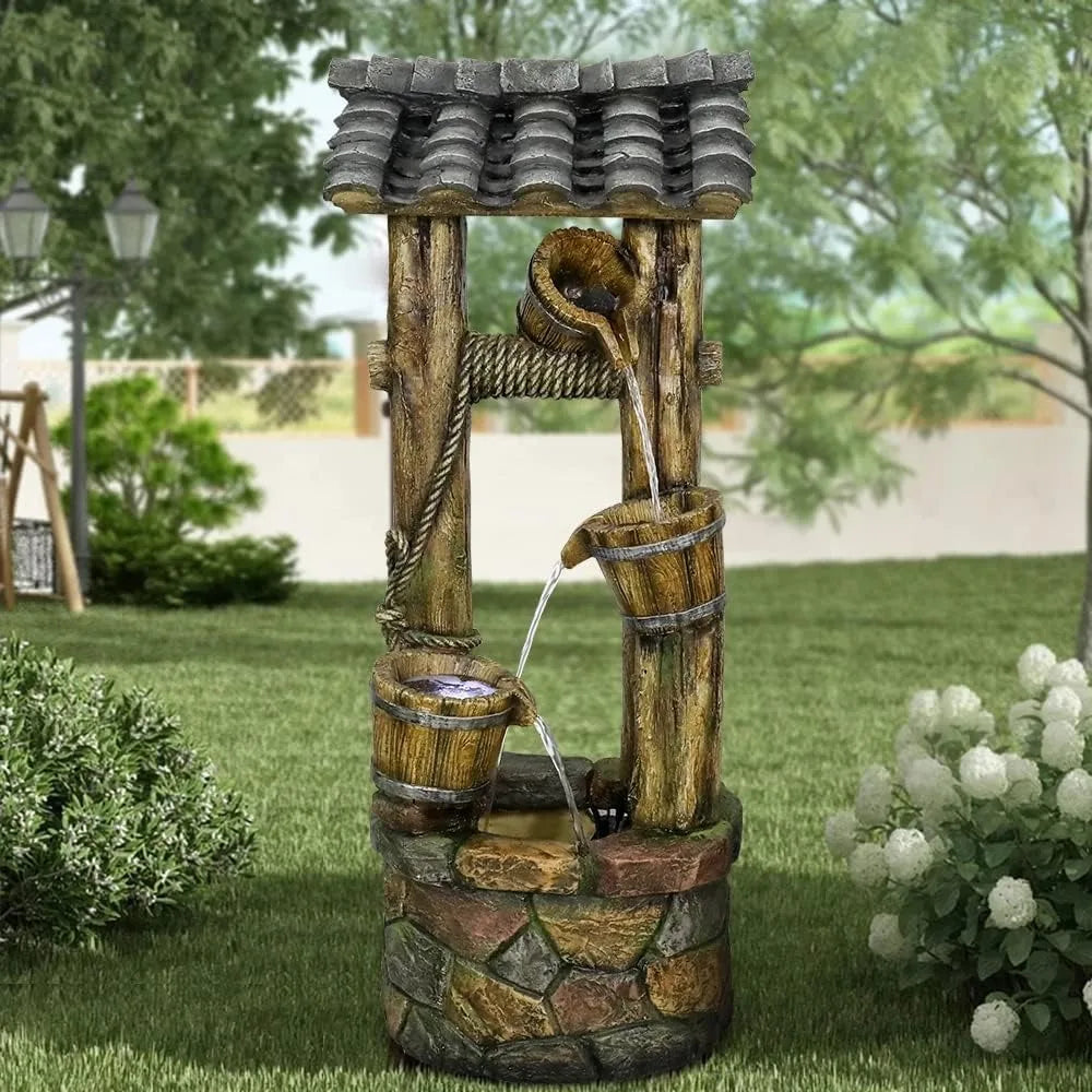 Wishing Well Water Fountain, 39.3 inches Rustic Outdoor Water Fountains - Outdoor Cascading Waterfall with Buckets, Pump & Lights