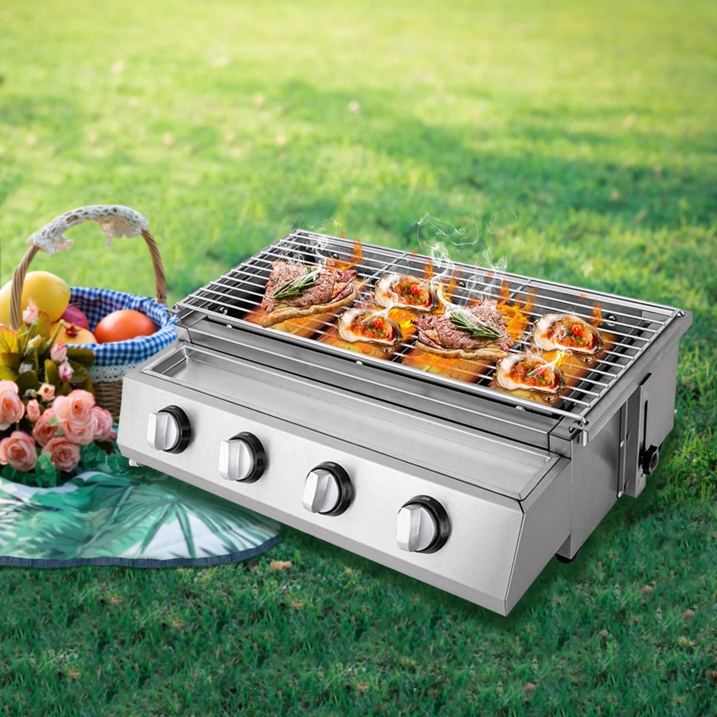 Stainless Steel Smokeless Barbecue Grill, 4 Burners, LPG Gas