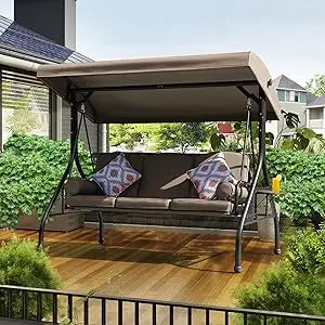 3-Seat Outdoor Patio Porch Swing with Adjustable and Removable Canopy, Waterproof Fabric, Cushion Pillow And Foldable Side Tray