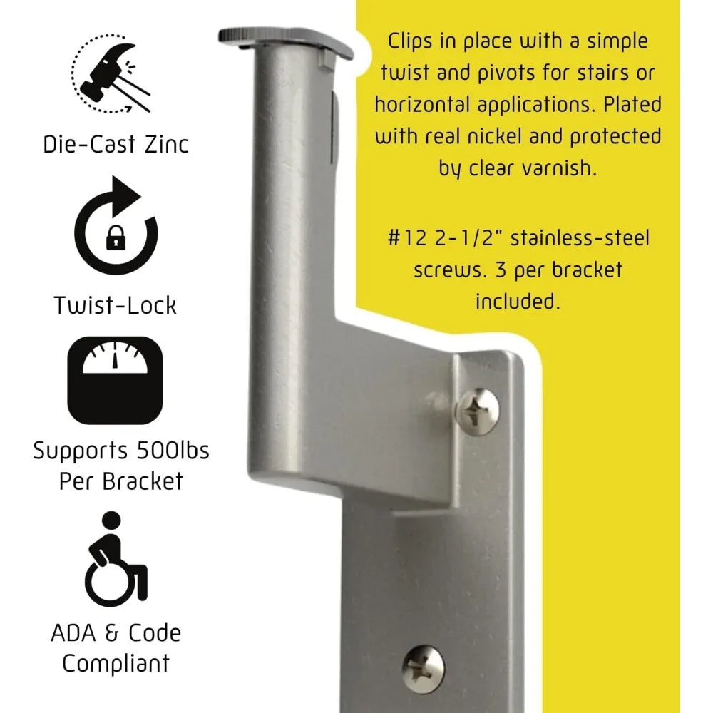 17 ft Flush ADA Compliant Handrail Kit - Complete Indoor/Outdoor Handrail for Stairs - 1.6" Round Anodized Aluminum Rail