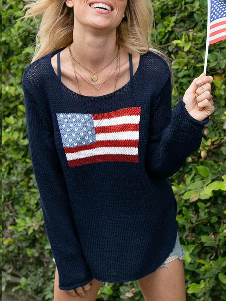 Women's Long Sleeve Knit Sweater, Crewneck, Flag Print, Loose Fitting Knitwear