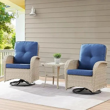 Set of 2  Patio Wicker Swivel Rockers with Rattan Side Table with Glass