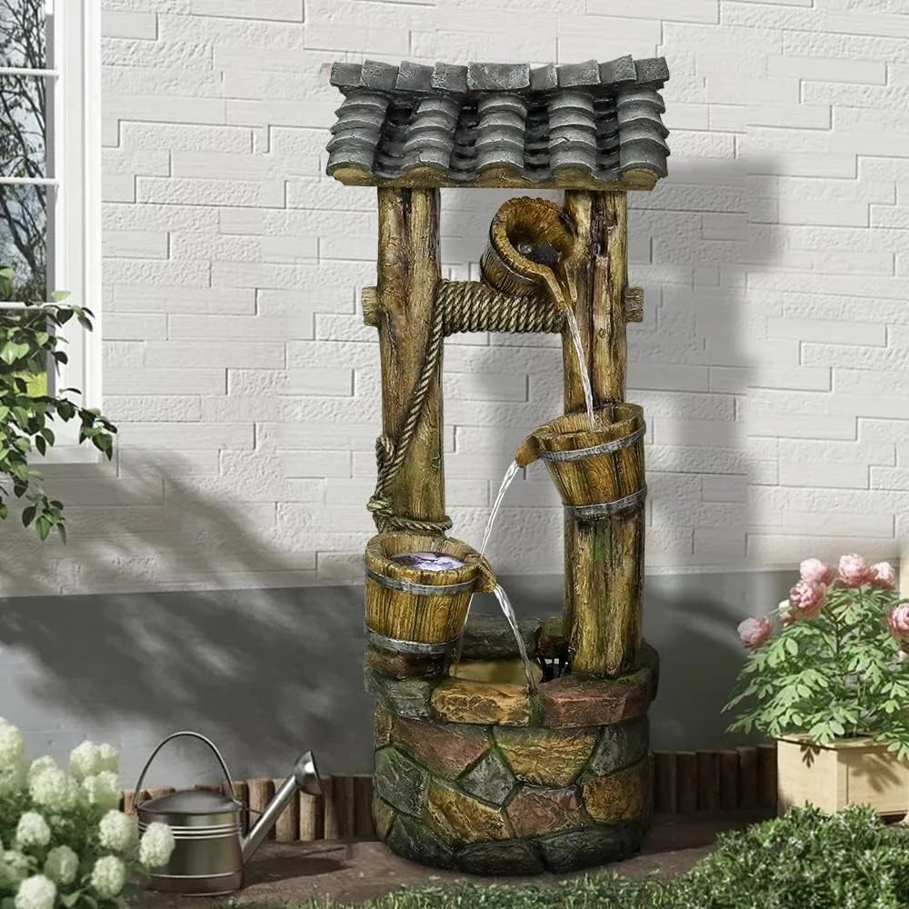 Wishing Well Water Fountain, 39.3 inches Rustic Outdoor Water Fountains - Outdoor Cascading Waterfall with Buckets, Pump & Lights