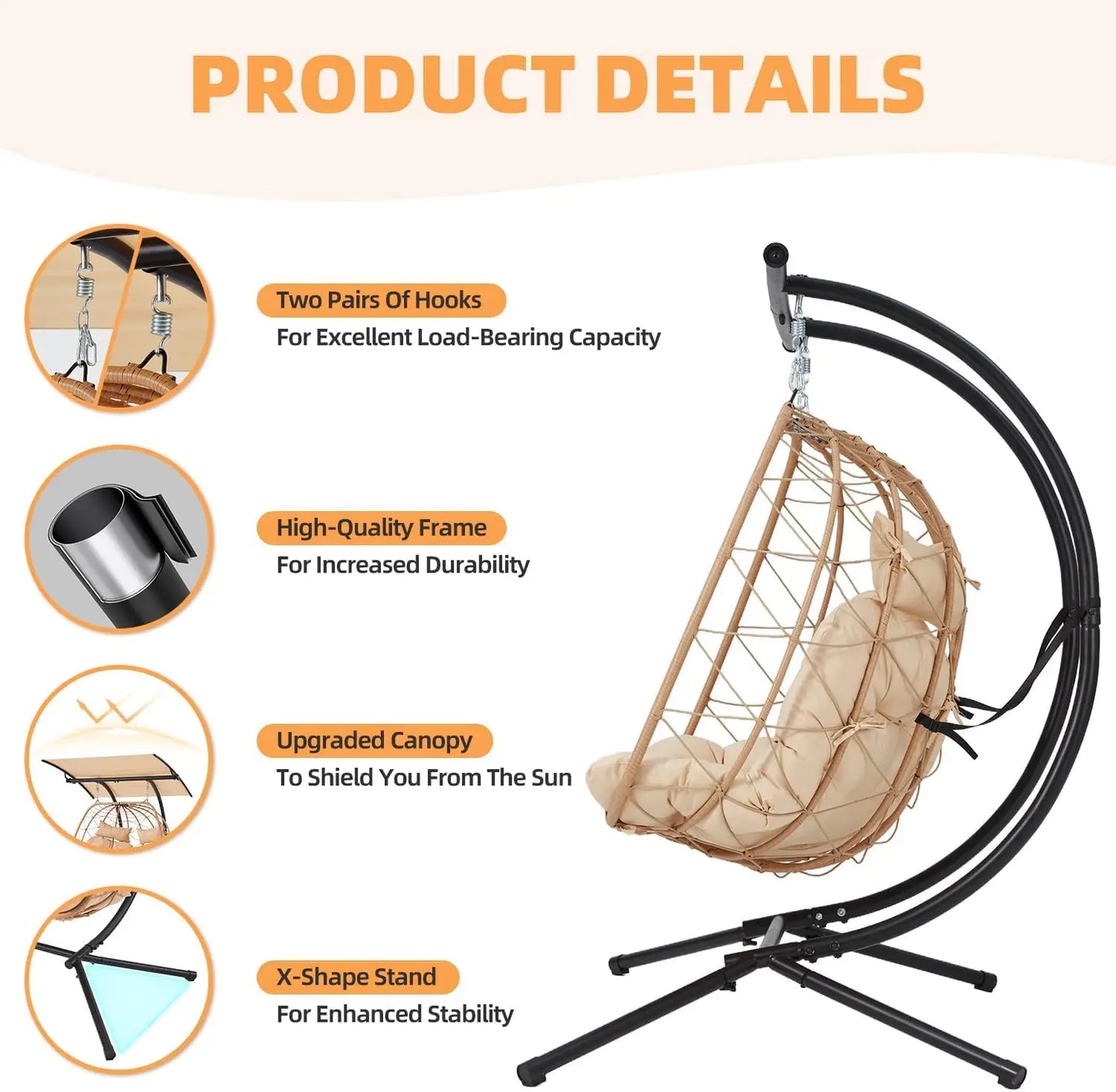 Oversized Cushioned Double Egg Swing Chair /  Hammock  with Adjustable Canopy