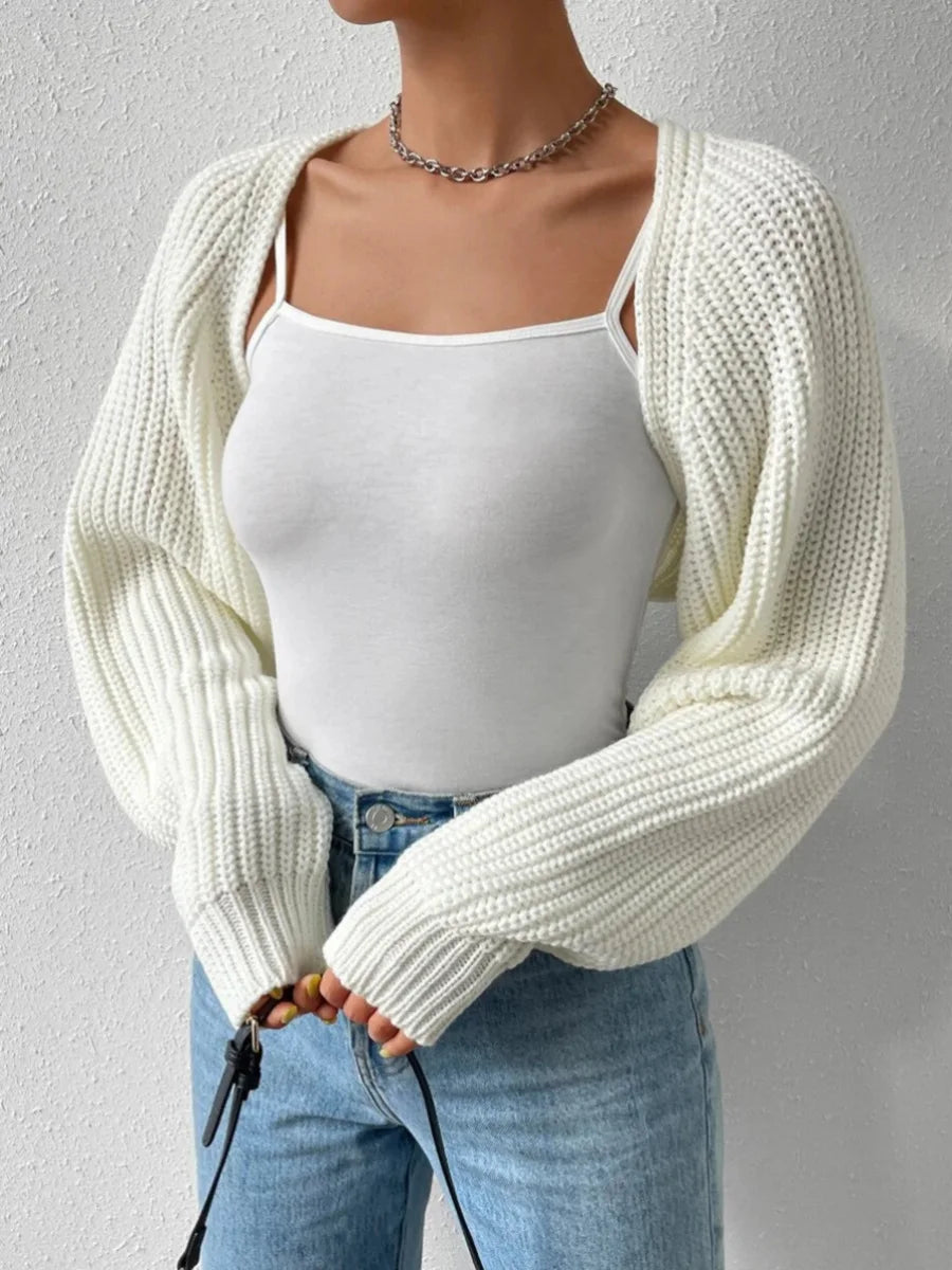 Women's Open Front Cropped Cardigan, Long Sleeve, Solid Color, Ribbed Knit Shrug Sweater Bolero Tops