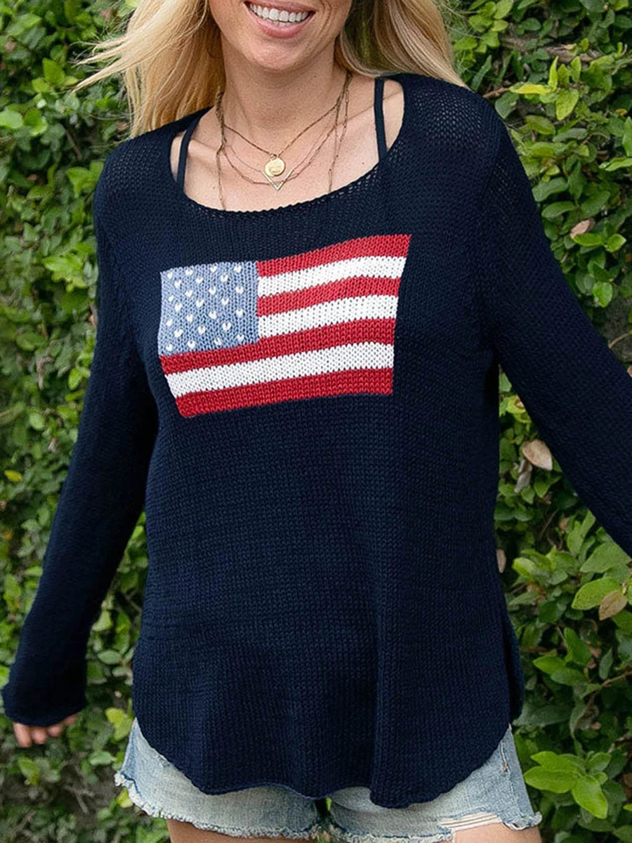 Women's Long Sleeve Knit Sweater, Crewneck, Flag Print, Loose Fitting Knitwear
