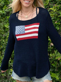 Load image into Gallery viewer, Women's Long Sleeve Knit Sweater, Crewneck, Flag Print, Loose Fitting Knitwear