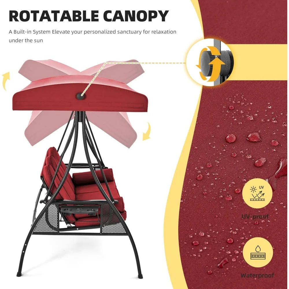 3 Person Outdoor Swing with 1.5" Deep Cup Holder, Adjustable Canopy, Backrest Can be Laid Flat to Make a Bed